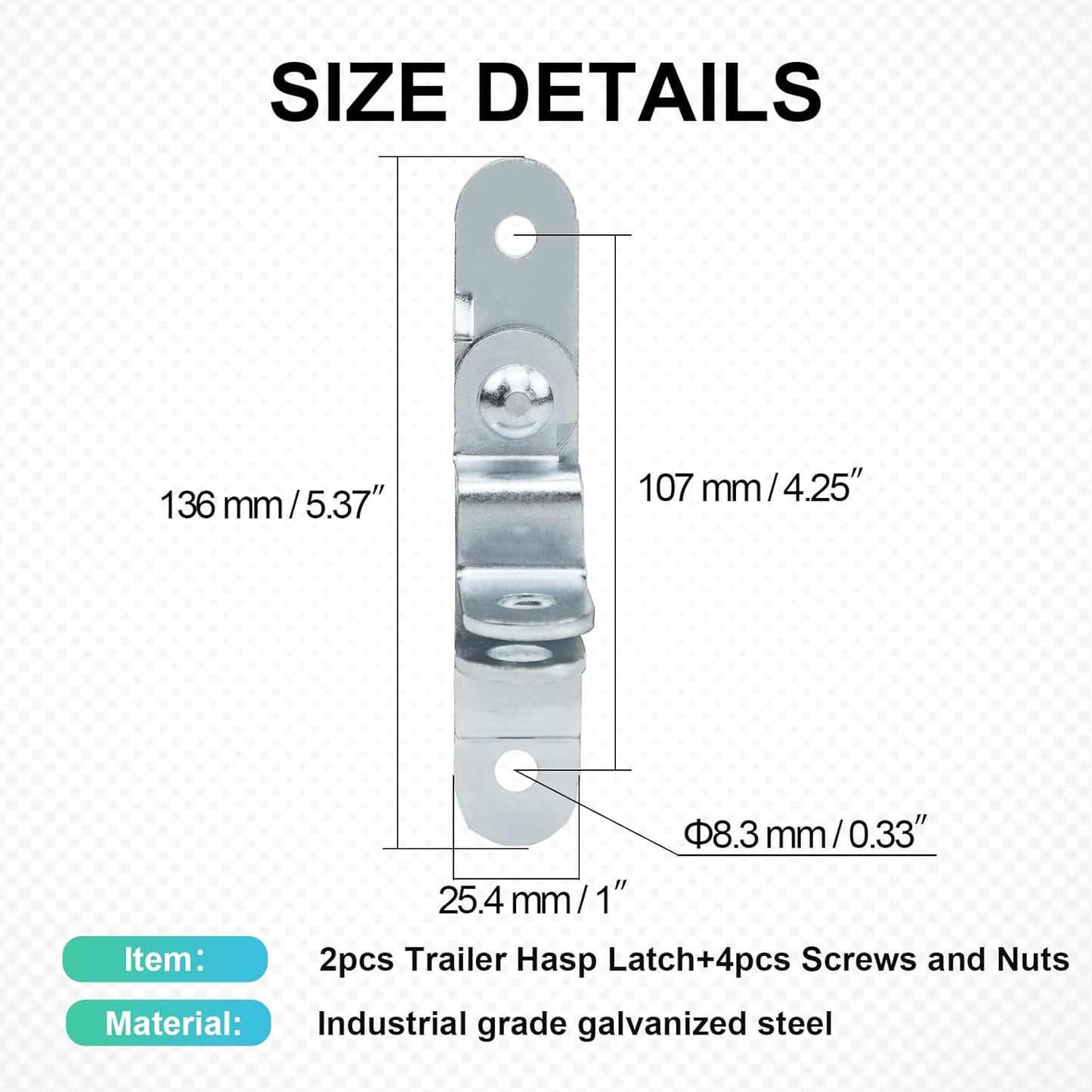 Cargo Trailer Door Latch, Round Screw Holes (4.25 inch Hole Spacing, 2 Pack)